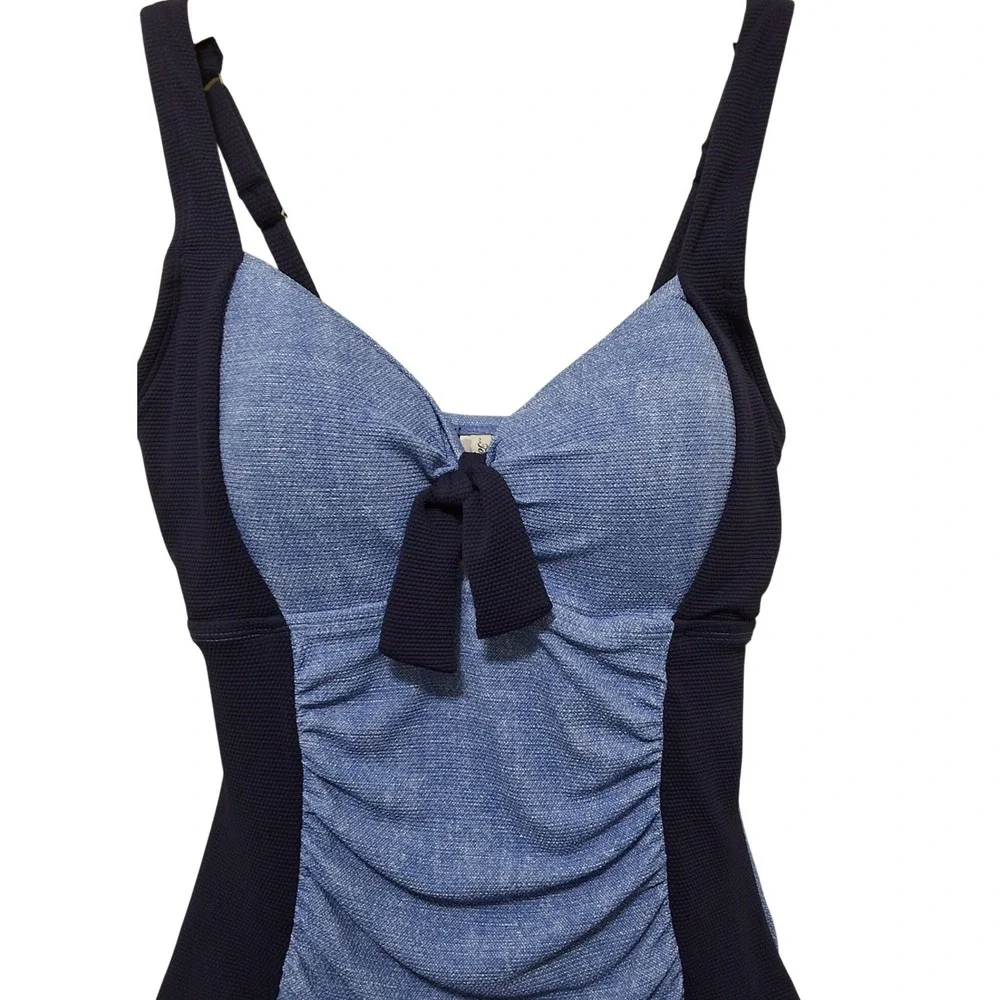 Tommy Bahama Island Cays Block Tie Front Tummy Control One Piece Swim Blue Sz 12